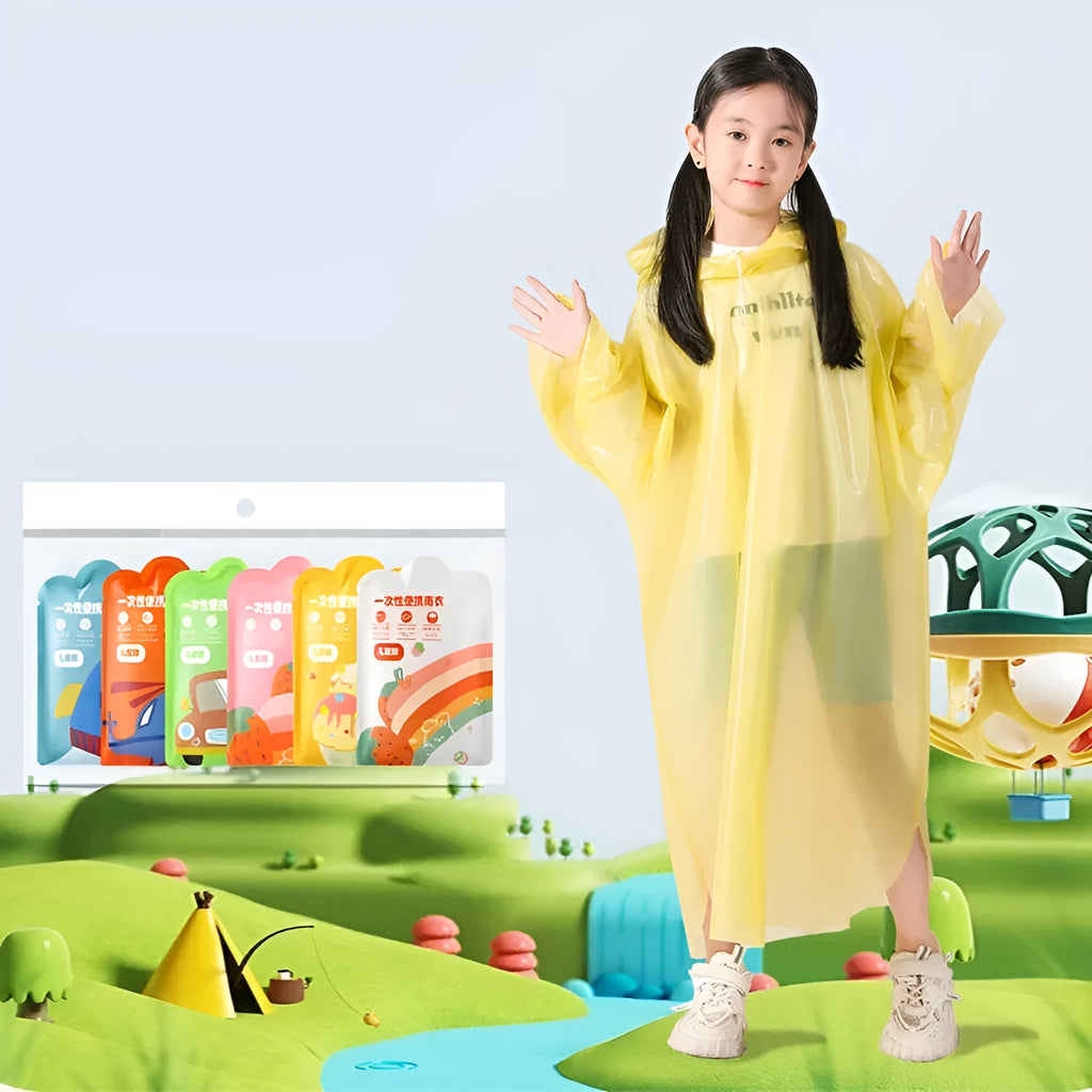 Disposable children's long rain poncho folded in small 13x9 cm bag with assorted colour options.