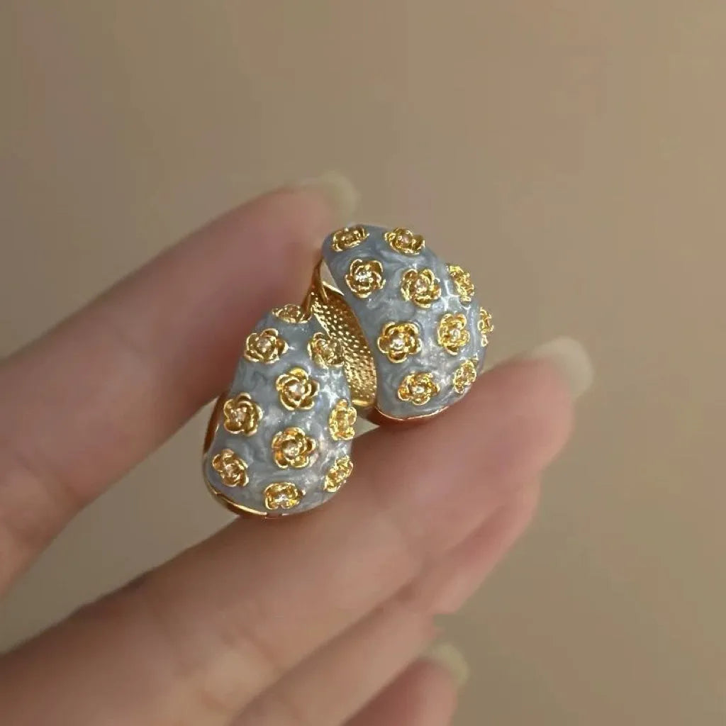 Vintage drip-glaze rose flower earrings, electroplated geometric ear studs in mixed material with zircon and shell pearl options.