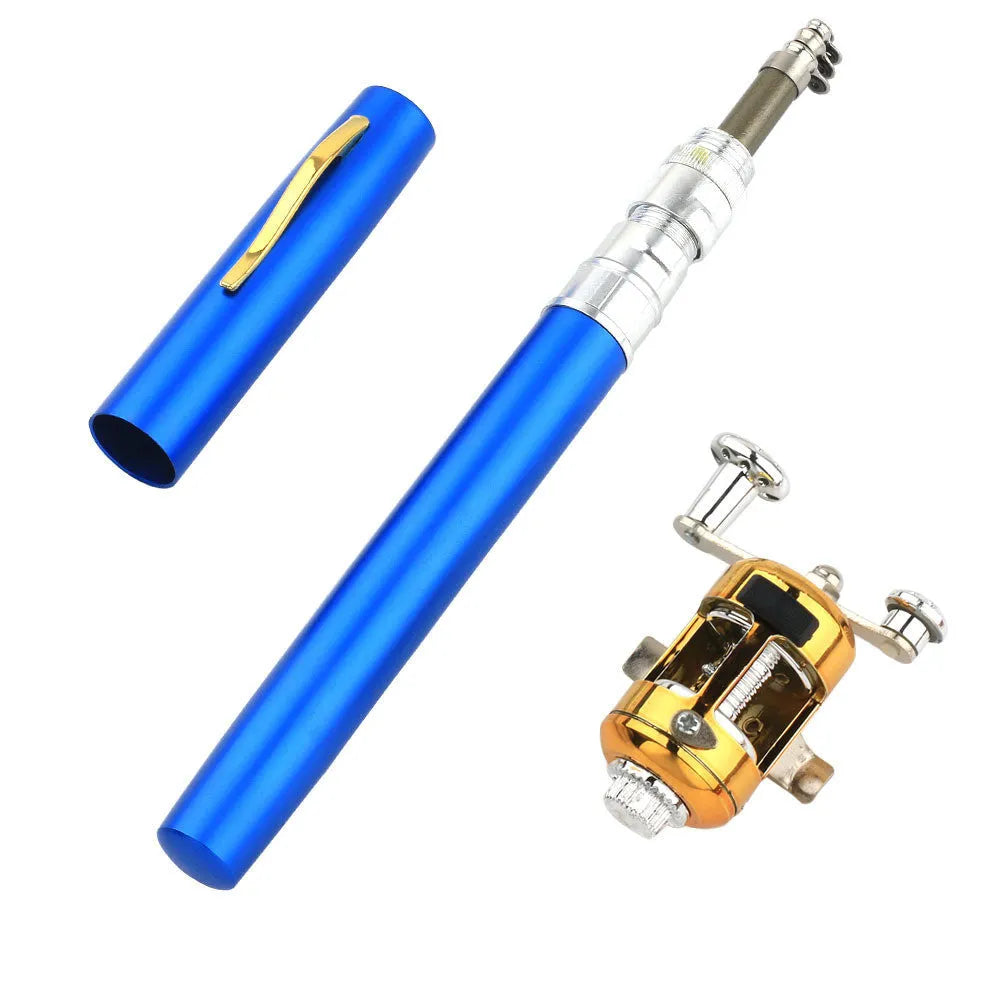 Collapsed and extended view of a gold portable telescopic pocket fishing rod kit with drum.