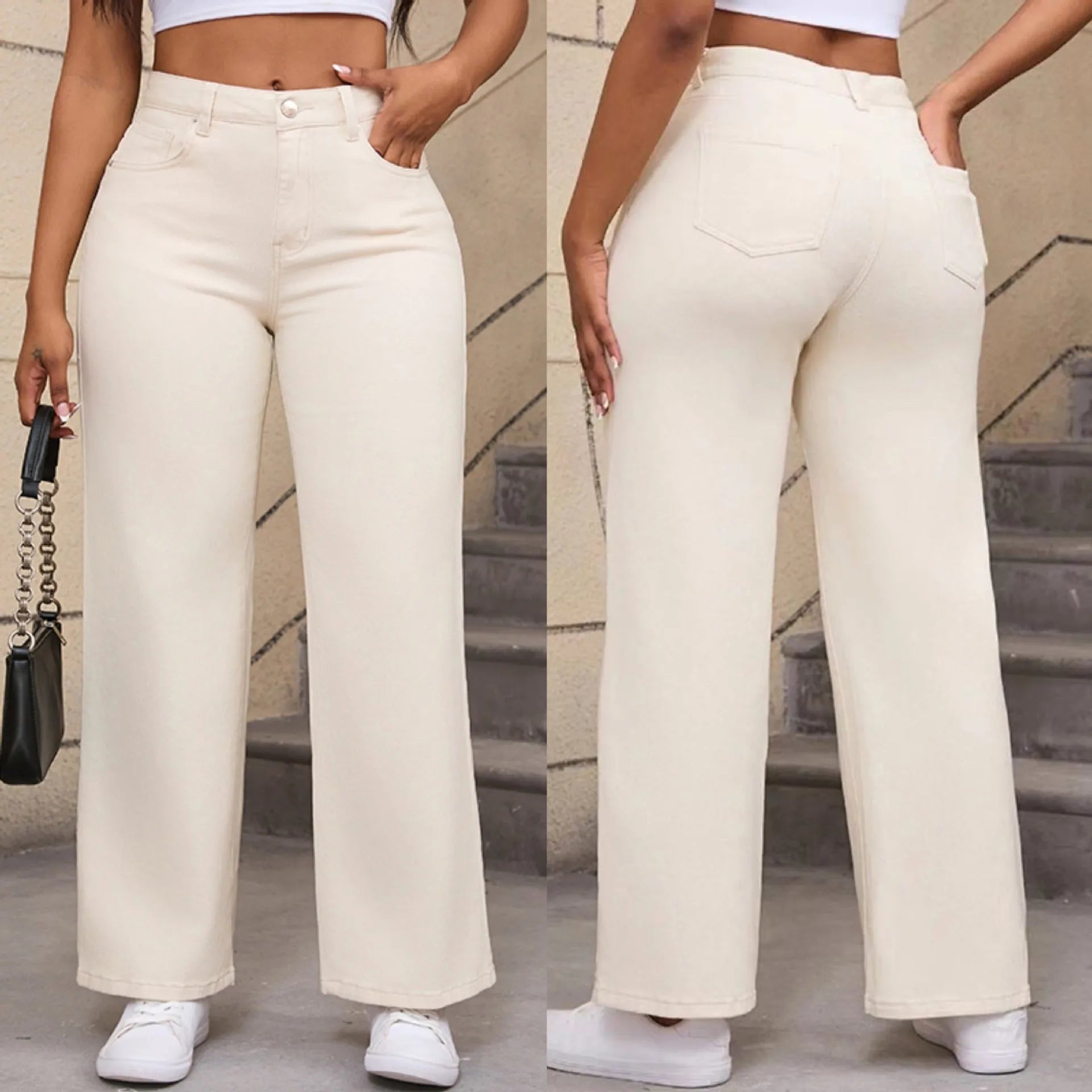 Women's apricot wide-leg straight jeans with high waist on a hanger.