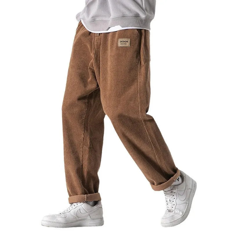Men's loose straight corduroy sports trousers in multiple colours with mid waist design