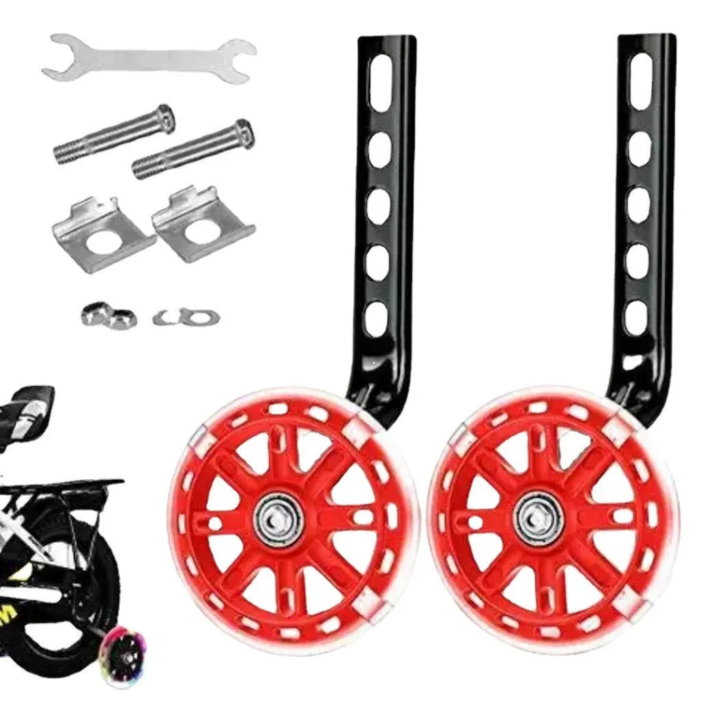 Children's bicycle training wheel set with glow feature and universal 12-20 inch bracket in assorted colours.