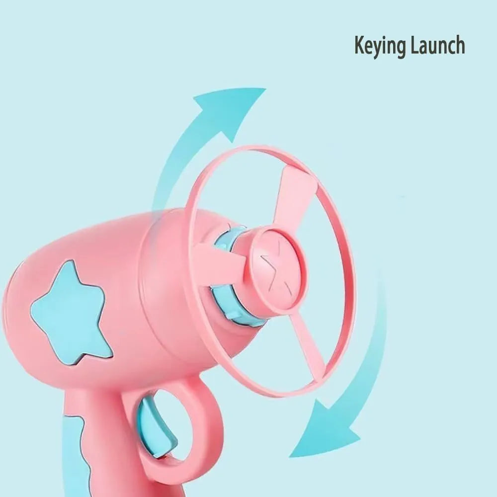 Blue interactive cat toy gun launching plastic frisbee for indoor feline play