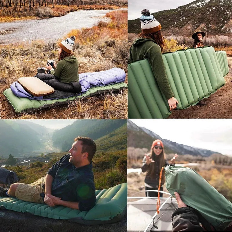 Single size inflatable camping mattress showing 10 cm thickness and portable folded design