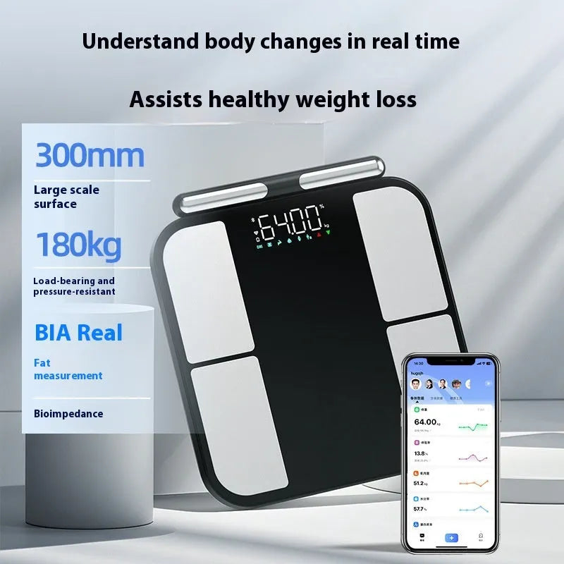 Black electronic bathroom scale with tempered glass platform and colour screen display
