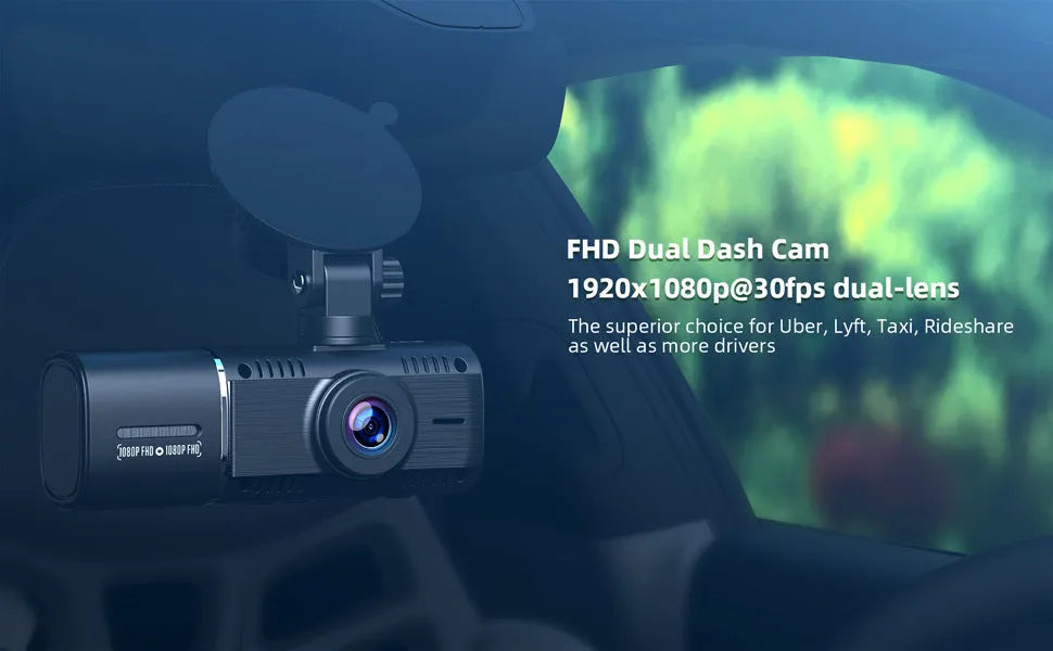 Standard black car dashcam with 1.5-inch screen for front and rear recording.