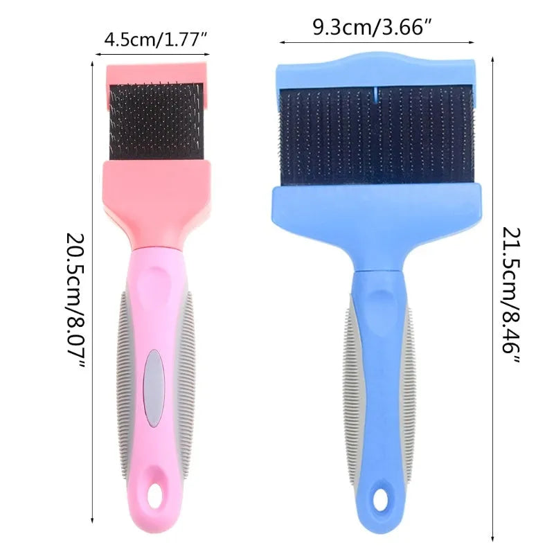 Double-sided pet brush with stainless steel pins showing blue colour and ergonomic handle