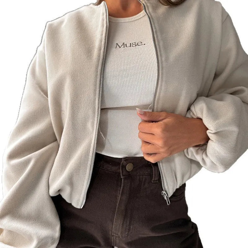 Women's off-shoulder lantern sleeve short coat in brown or milky white polyester