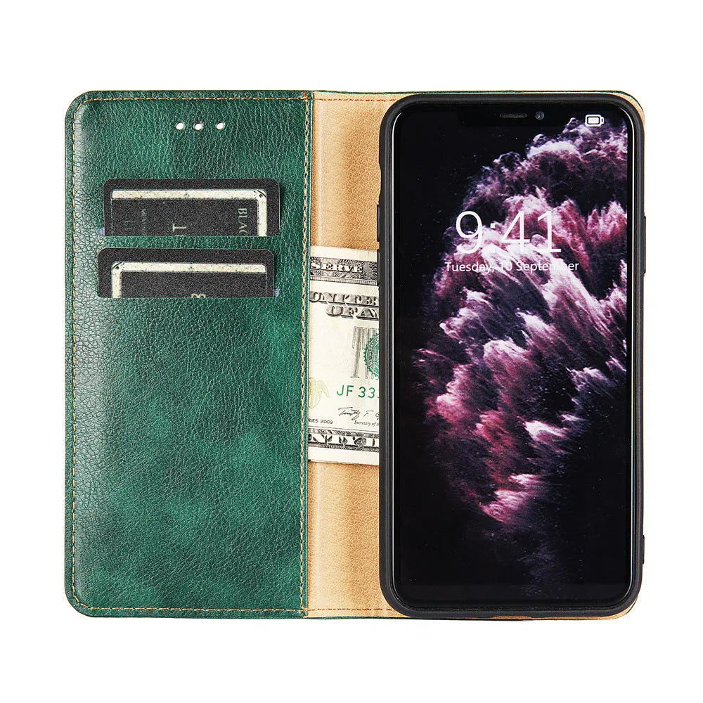 Pure color magnetic leather flip case for Samsung Galaxy with card slot and adjustable stand, classic black