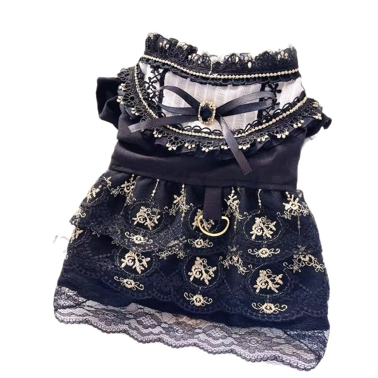 Golden gothic style skirt costume for a small dog or cat on a hanger.