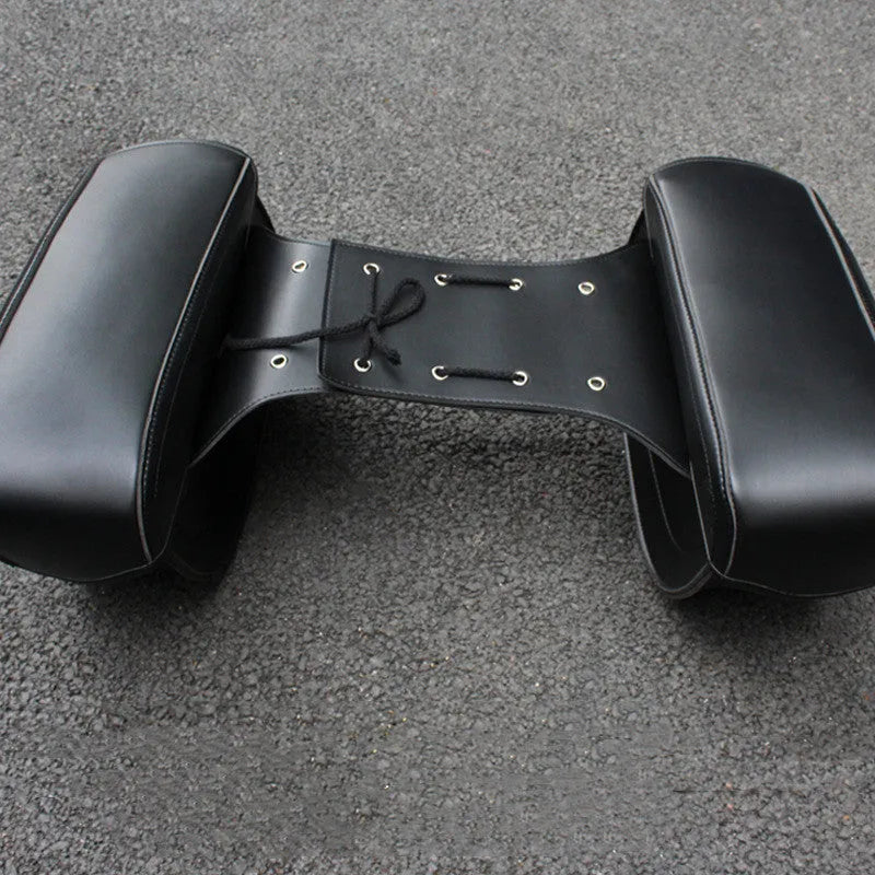 Retro brown PU leather motorcycle saddle bag mounted on bike side, showing dimensions.