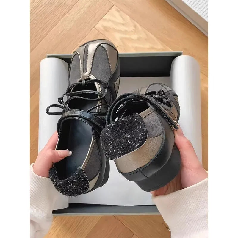 Women's Mary Jane style ballet shoes with round toe and front lace-up closure in artificial leather