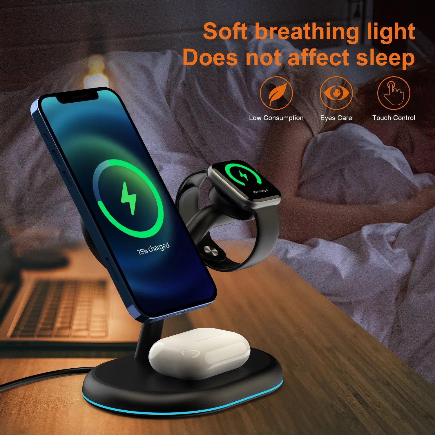 Black three-in-one magnetic wireless charger for mobile phones, tablets, and earbuds on a desk.