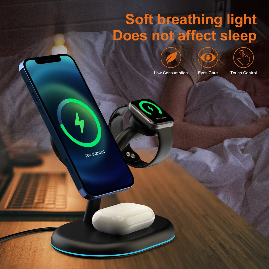Black three-in-one magnetic wireless charger on a surface