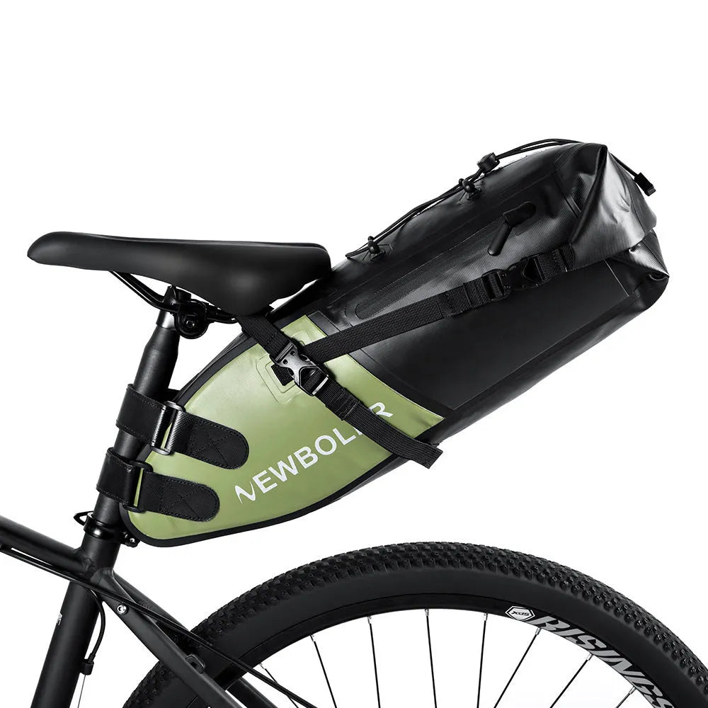 Waterproof PVC bicycle tail bag in yellow, mounted on bike, showing 13L capacity.