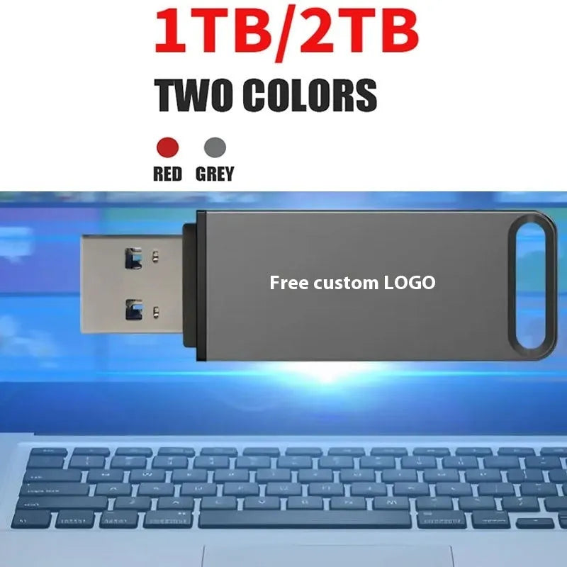Customisable metal USB flash drive in black, red, or silver with large storage capacity options