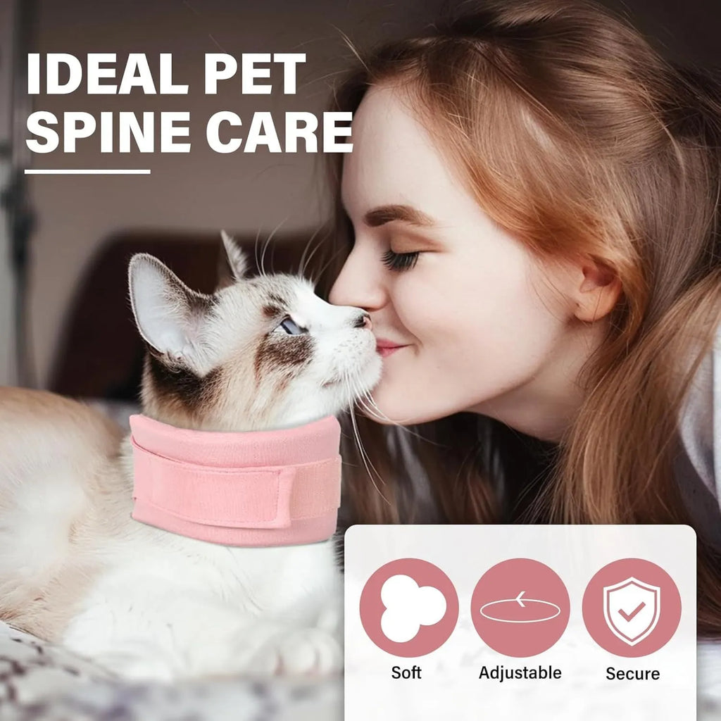 Soft grey cat cone collar neck brace for post-surgery recovery, shown next to a size chart.