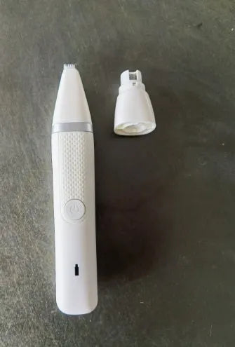 Dual purpose pet hair trimmer and nail polisher in Blue or White, ABS body, USB rechargeable, with accessories
