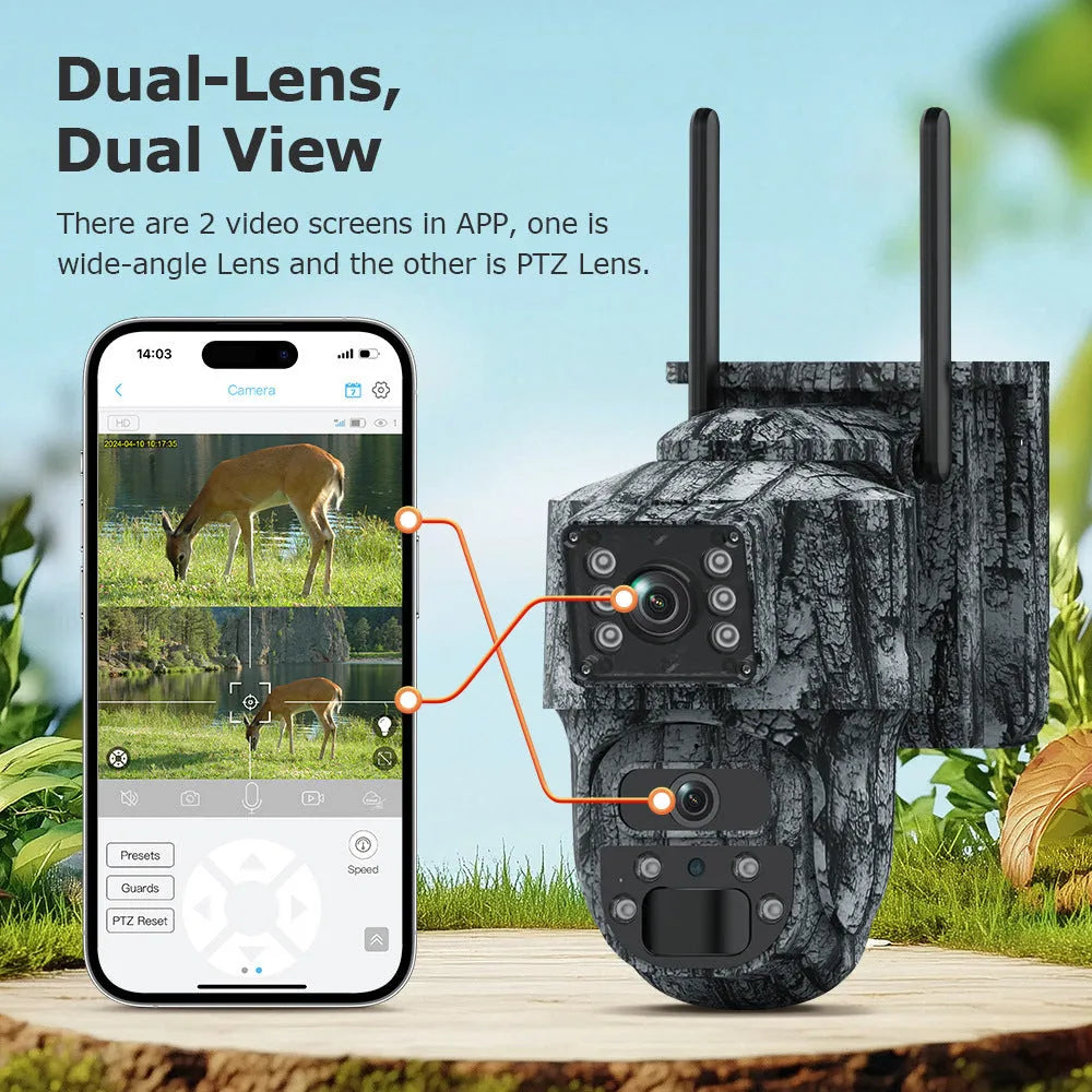 6MP solar surveillance camera with dual screen and solar panel, IP66 waterproof, ceiling mount, black housing