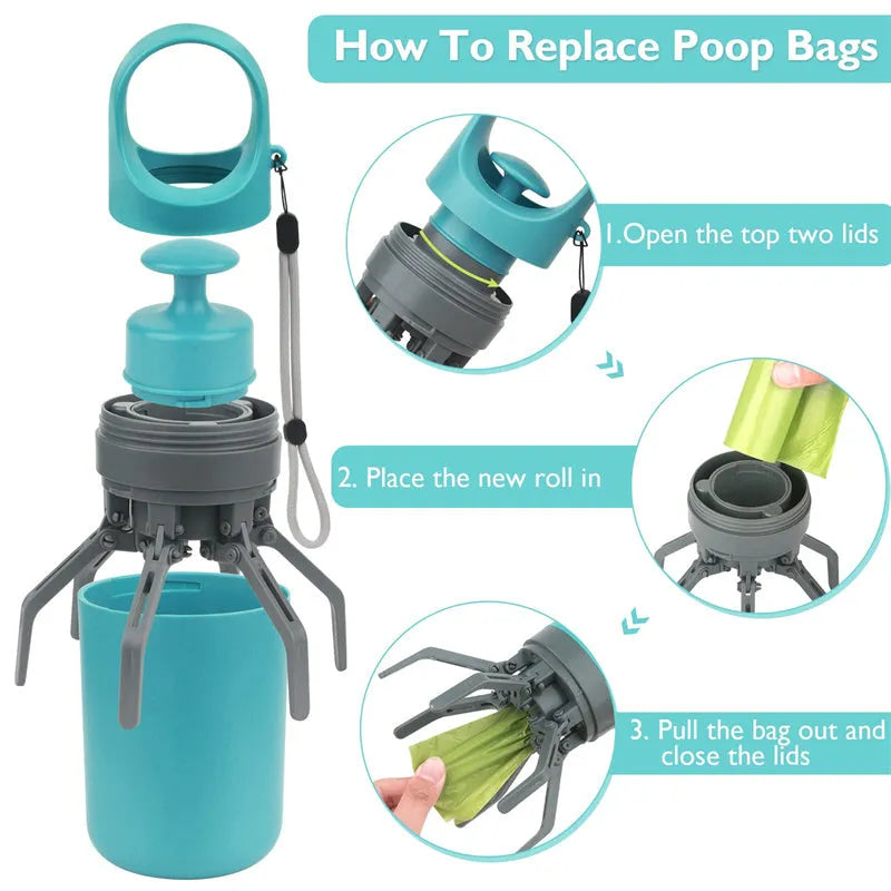 Blue portable dog pooper scooper with built-in bag dispenser and eight-claw shovel.