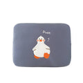 Blue cotton tablet case with embroidered cartoon duck design and a zipper closure.