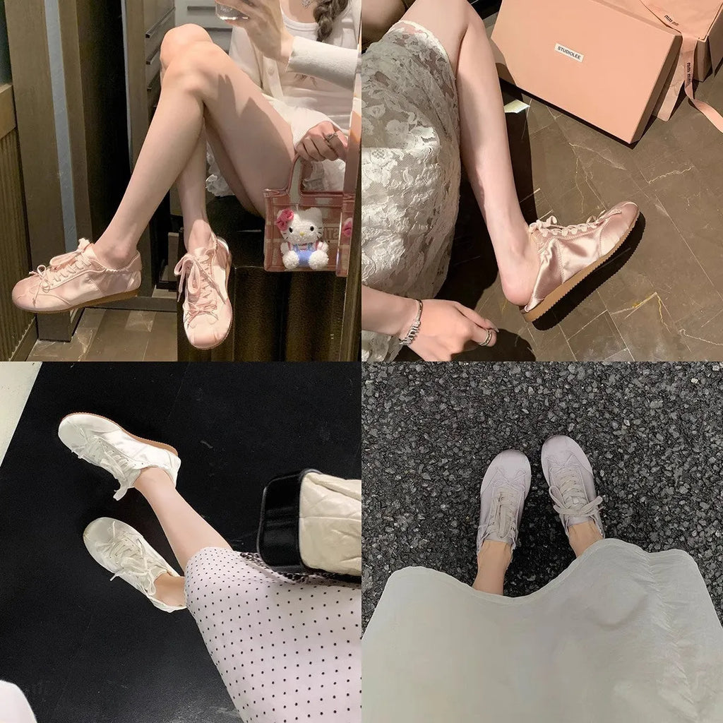 Women's satin ballet flats with round toe and lace-up closure in silver grey, pearl white and champagne pink colours