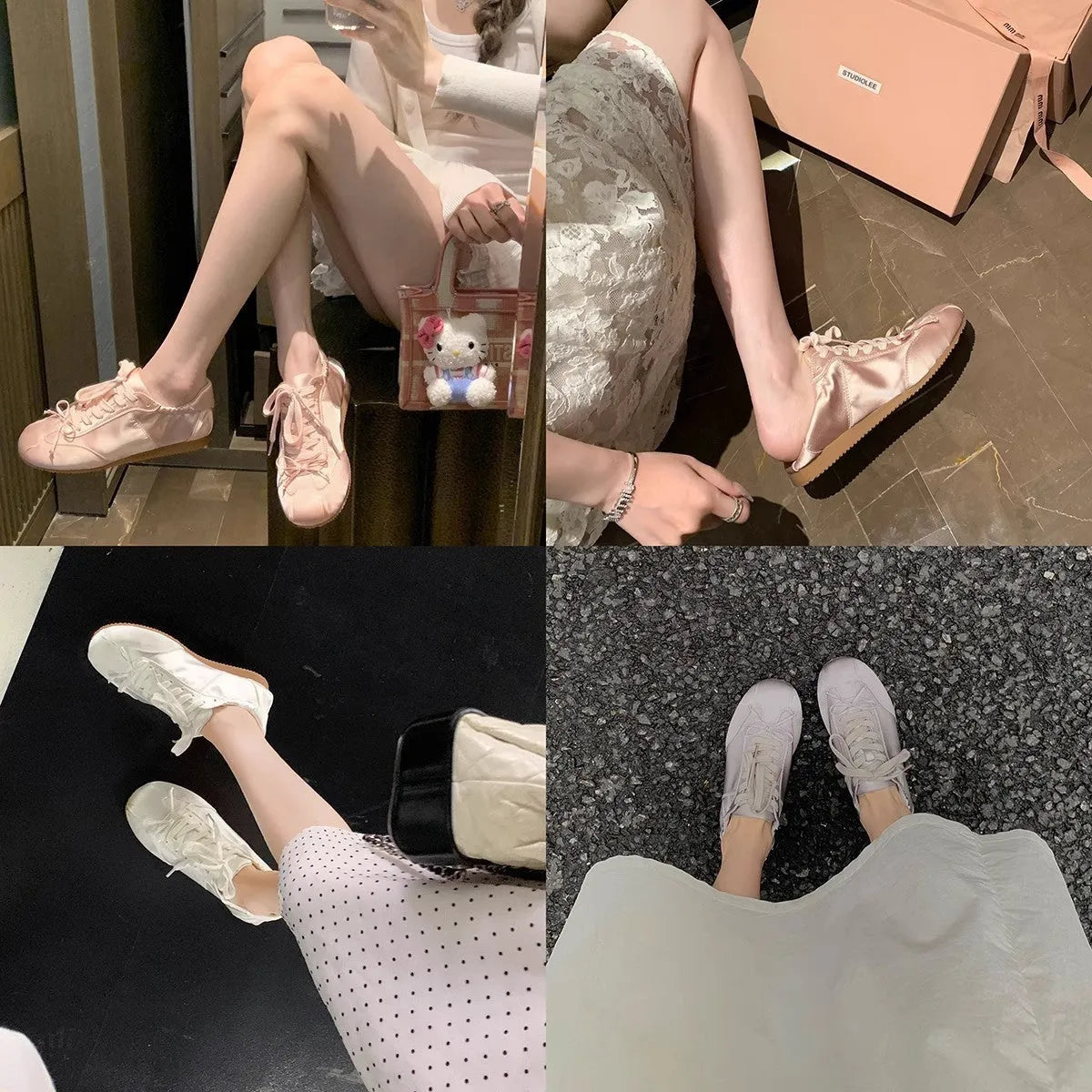 Women's satin ballet flats with round toe and lace-up closure in silver grey, pearl white and champagne pink colours