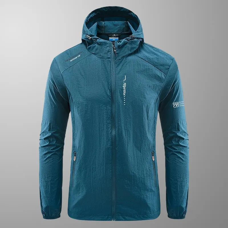 Men's light grey hooded nylon summer jacket with loose fit for sun protection