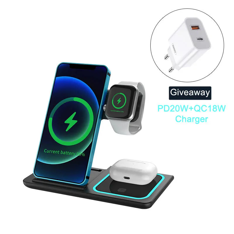 Three-in-one wireless charger folding stand in space black charging a phone, watch, and headset