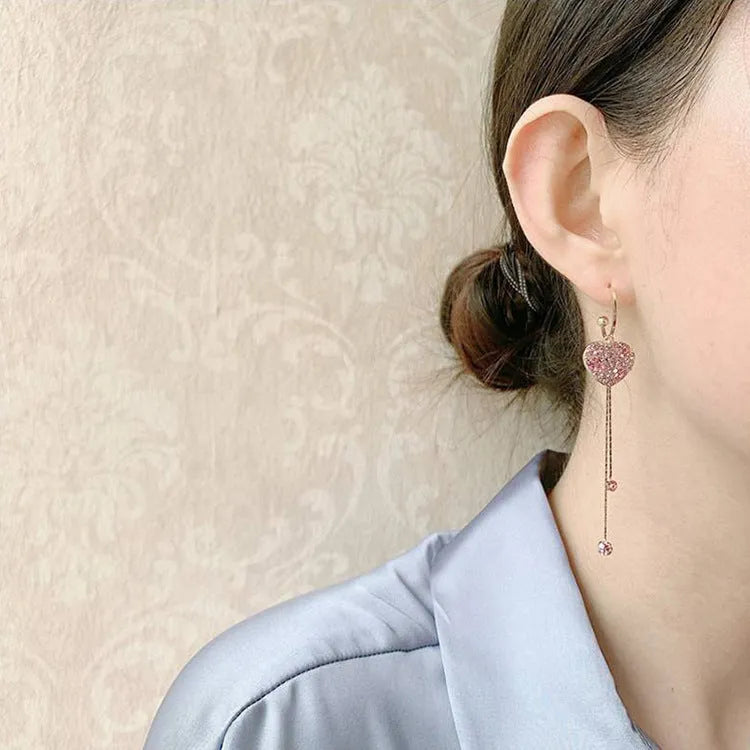 Alloy geometric heart tassel earrings in pink with baking varnish finish frosty style