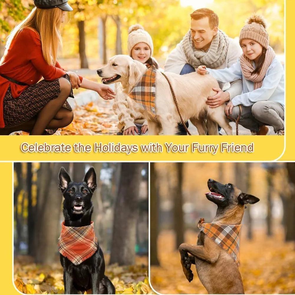Classic plaid dog bandana with tassel edges in autumn colours of brown, green, orange, red, yellow.