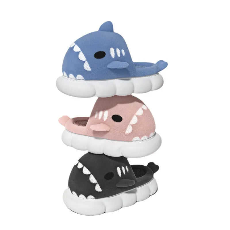 Shark slippers with suede upper embroidery design anti-skid sole winter house shoes grey