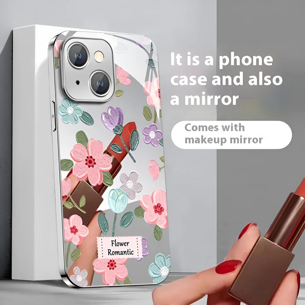 Ins oil painting flower mirror phone case in silver gray electroplated glass for Apple iPhone