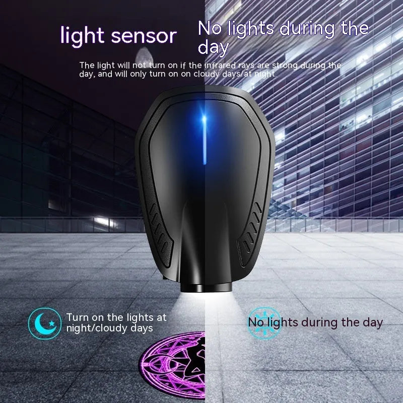 F2 rechargeable wireless car welcome light in black with ABS plastic housing.