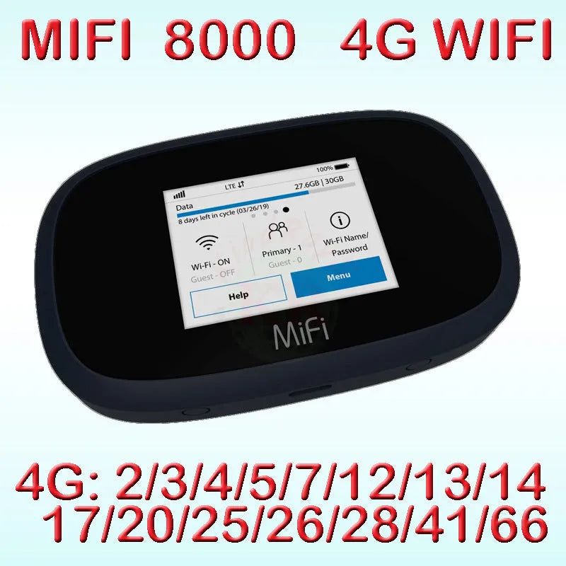 Black MiFi8000 portable 4G wireless router shown with its battery and charging cable.