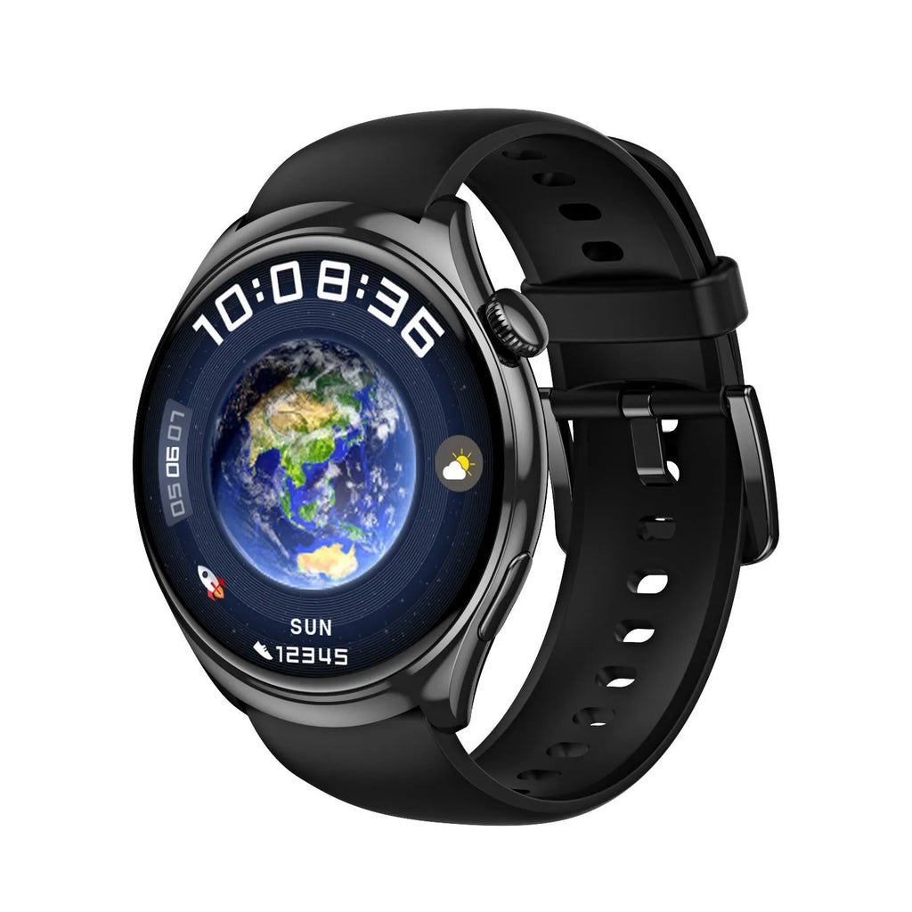 Smart watch with 1.43-inch AMOLED screen showing heart rate data, black silicone strap, zinc alloy case
