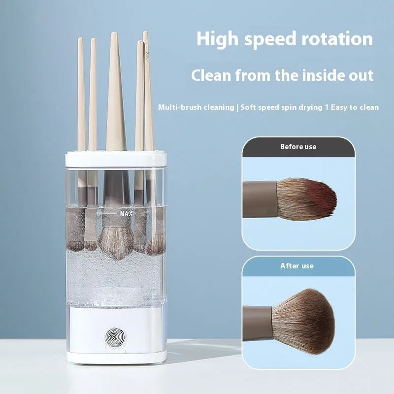 USB rechargeable electric makeup brush cleaner with 8000 RPM motor, storage box, and square cleaning cup in Elegant Grey