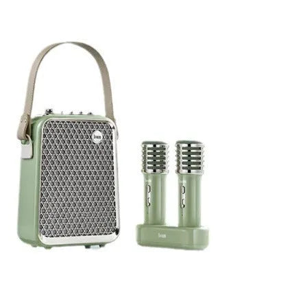 Portable Bluetooth karaoke speaker set with two microphones, green or white, rechargeable lithium battery