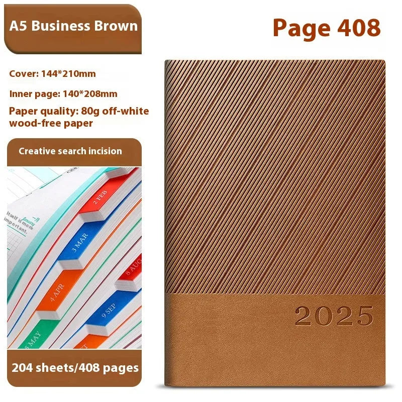A5 striped PU leather notepad open on a desk showing thickened paper, available in eight colours.