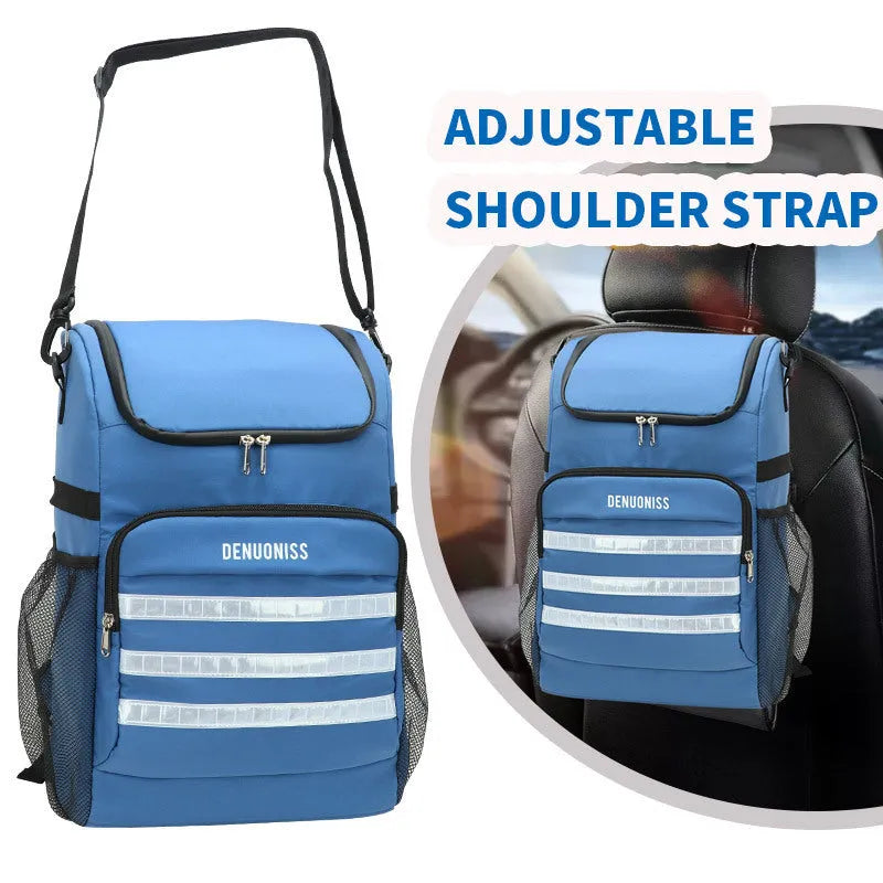 Insulated 20L beer backpack with shoulder-mounted bottle opener in black, blue, pink, or red