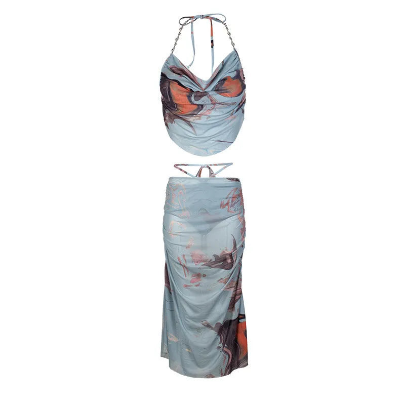 Blue women's three-piece bikini set with diamond chain split design and backless briefs.