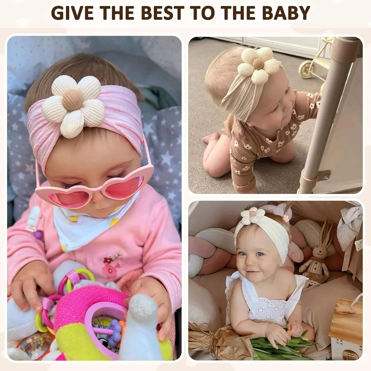 Soft nylon baby flower headband in five colours beige pink khaki brown white for newborns and toddlers