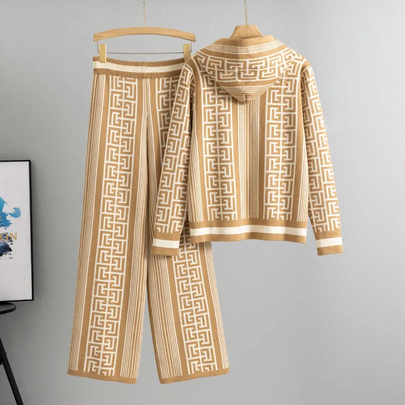 Women's casual knit suit set with hooded sweater top and wide-leg trousers in viscose fibre, available in khaki, black, rose red, and brown colours.