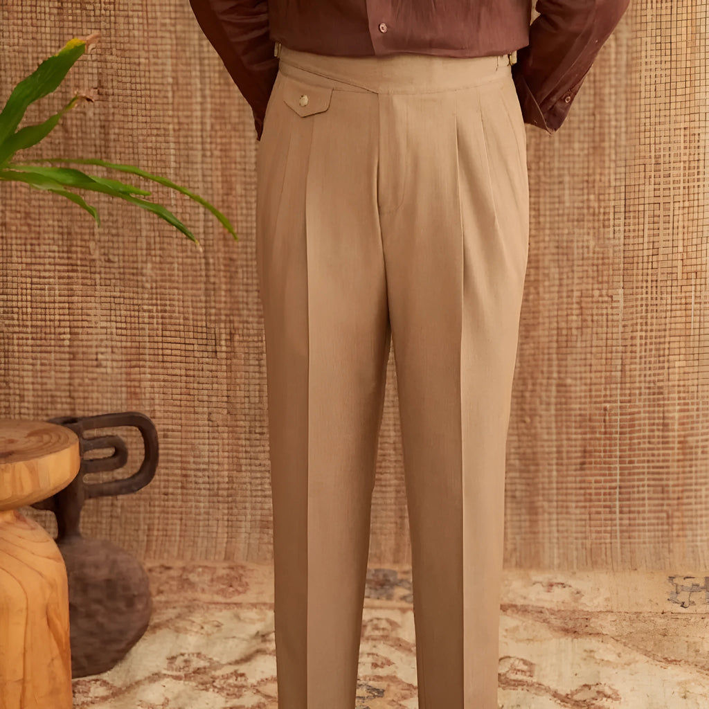 Men's slim fit straight leg business casual trousers in dark grey, light brown and light apricot colours