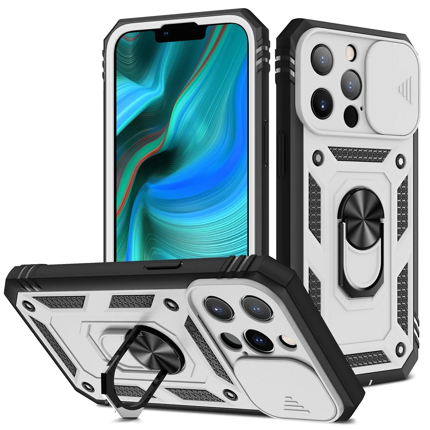 Magnetic iPhone case with sliding window bracket in sapphire blue and grey green colour options