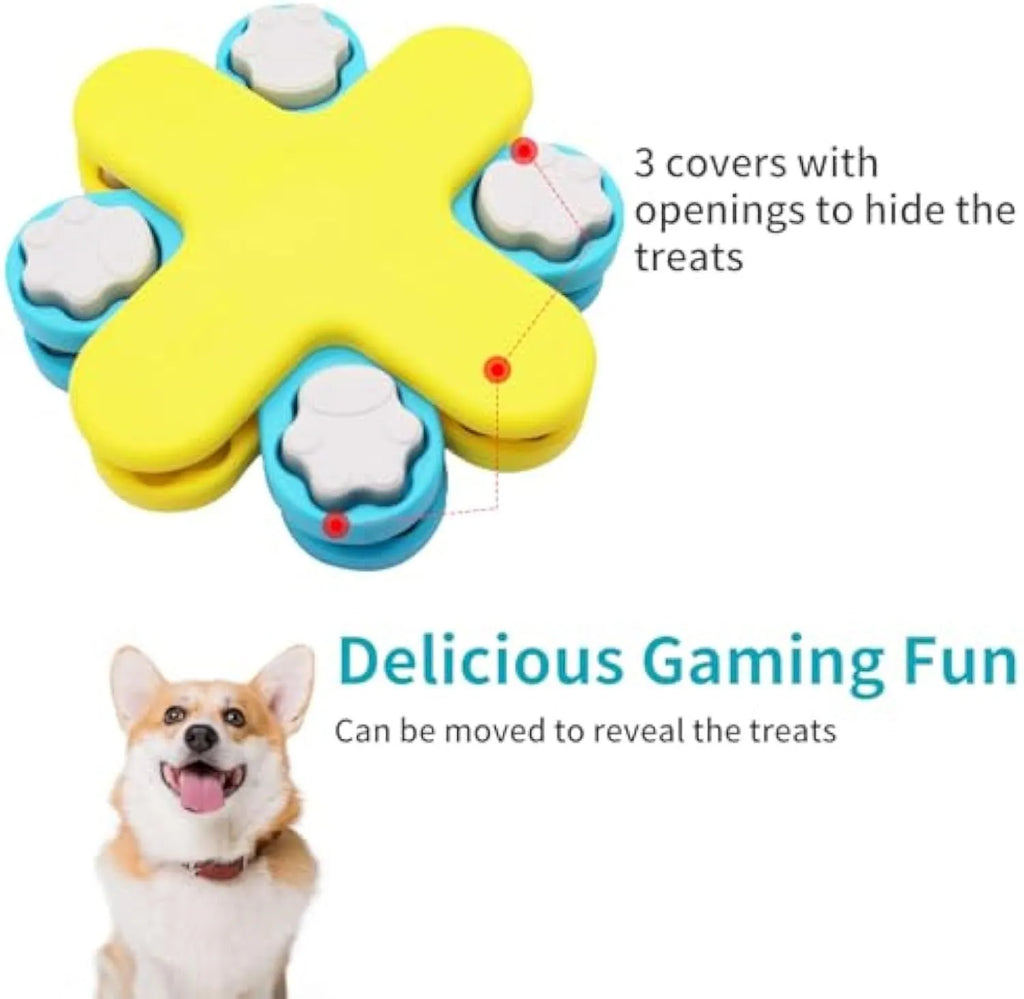 Yellow interactive dog puzzle feeder with three rotating layers and anti-slip base for slow feeding and enrichment.