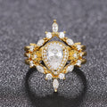 Women's light luxury drop-shaped zircon ring in T0541 yellow gold finish, copper base, geometric water droplet design