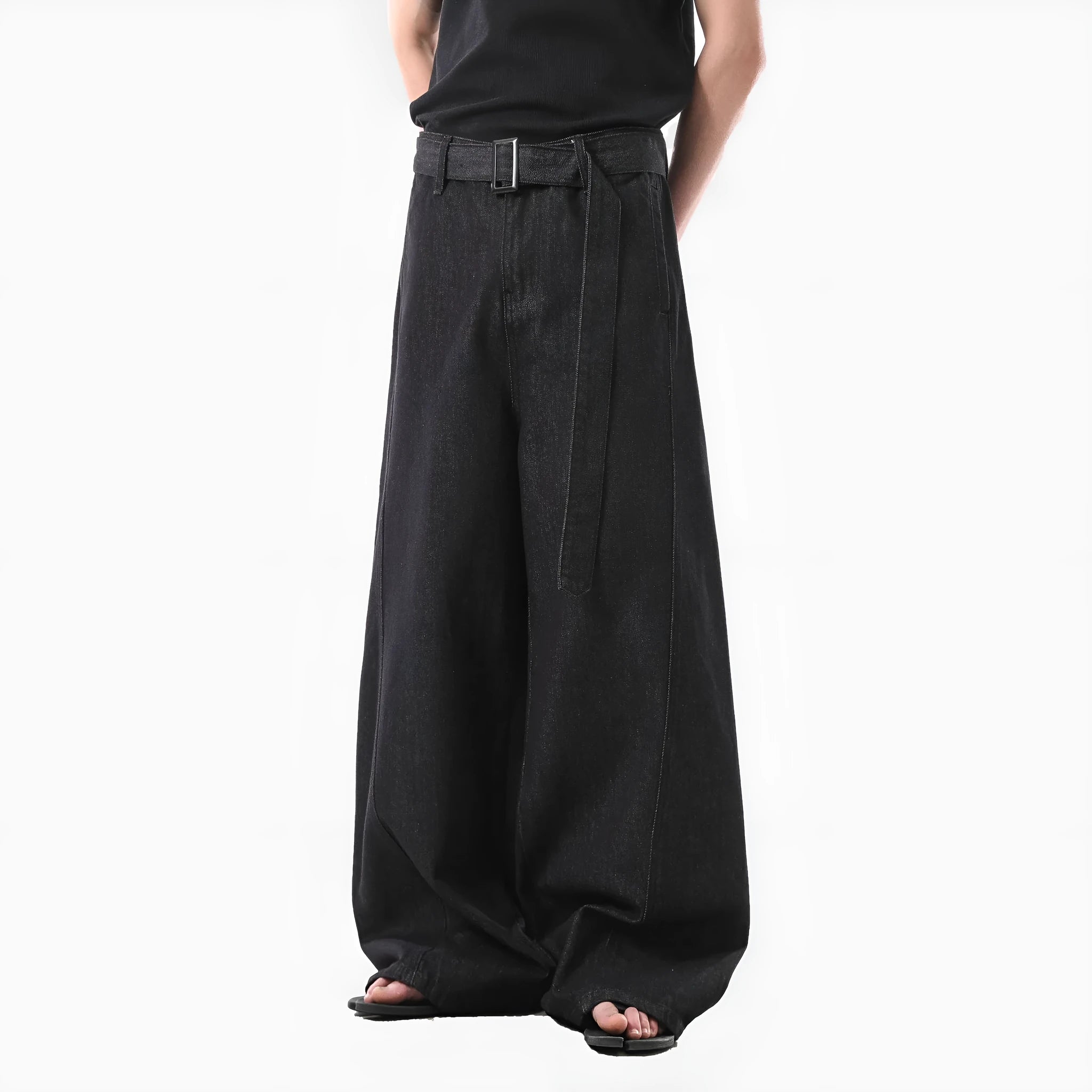 Black high waist straight leg jeans with gold stitching in American retro style