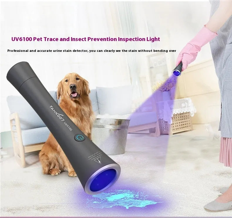 Black anodised aluminium UV flashlight with USB Type-C charging port for pet stain and insect detection.