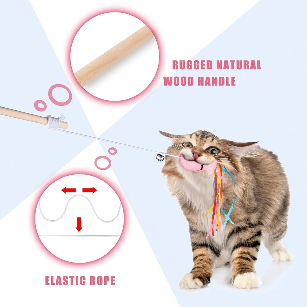 Blue cat wand toy with catnip fish, colourful ribbons, bell and a wooden handle on a white background.
